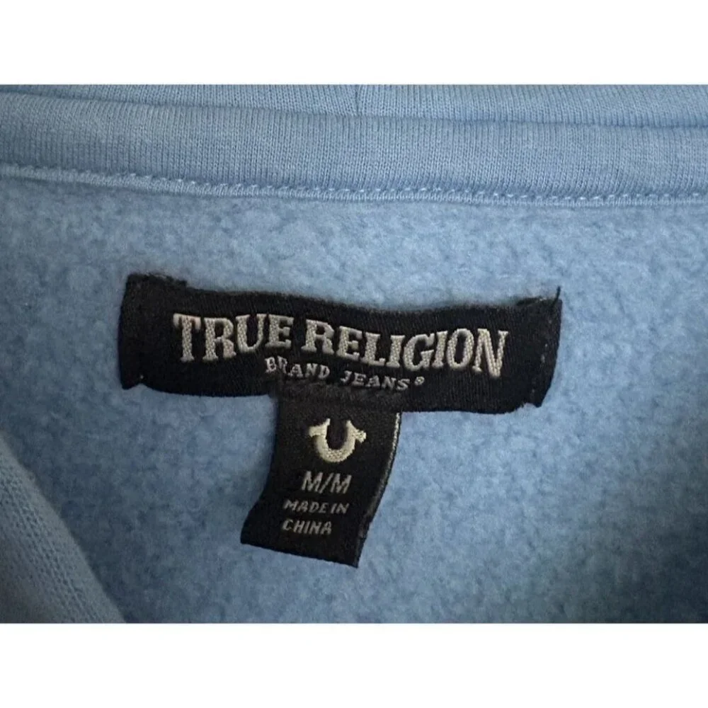 True Religion Men's Blue Full Zip Cotton Hoodie with Logo, Hooded, Size Medium